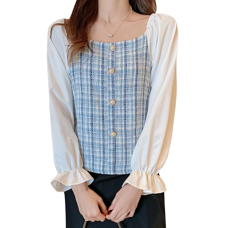 Áo kiểu BH họa tiết kẻ caro thời trang hàn quốc tay dài retro dành cho nữ