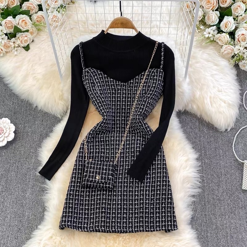 Set đầm dây kèm áo, đầm dây tweed dạ phối áo thùng len gân