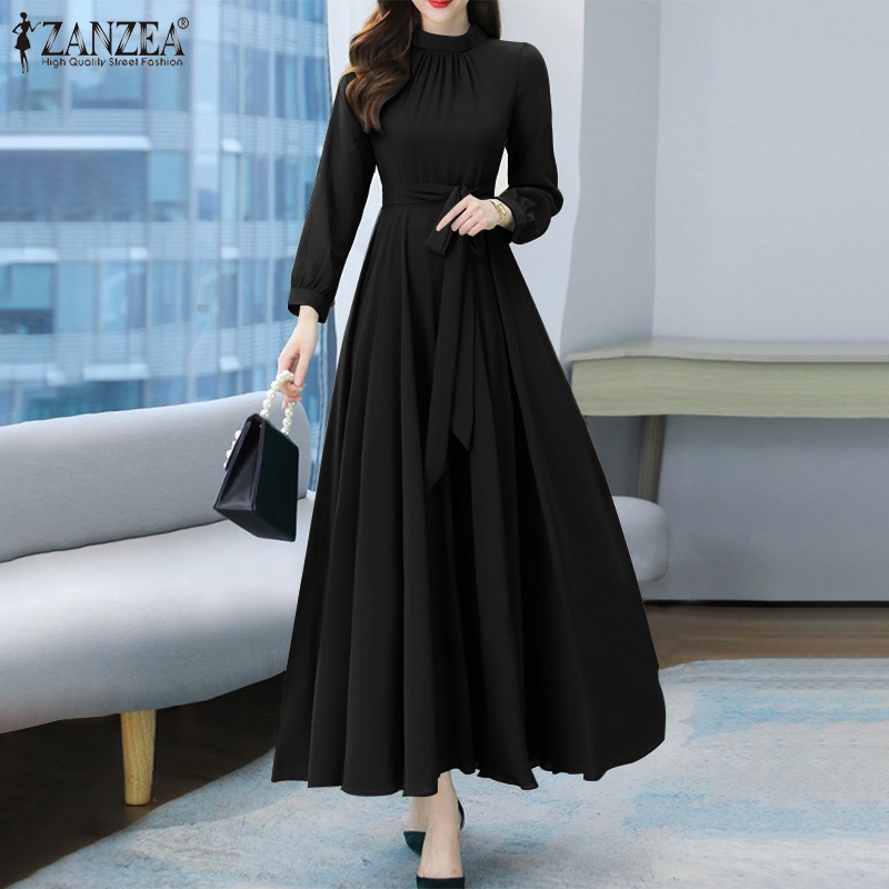 Đầm maxi ZANZEA tay dài cổ tròn có khóa kéo thời trang cho nữ