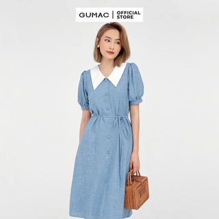 Đầm xòe nữ nẹp nút phối cổ GUMAC màu xanh tay ngắn DB574