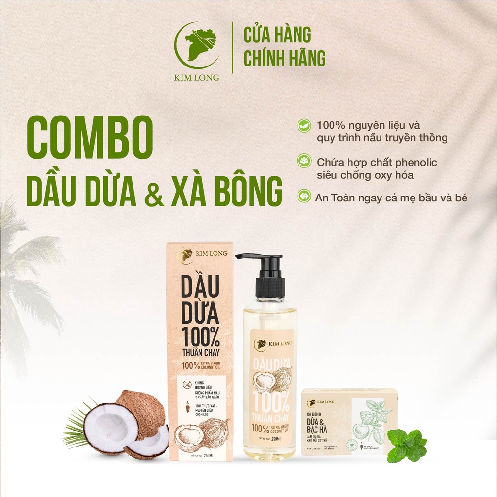 Combo Dầu Dừa Truyền Thống Kim Long 250ml + Xà Bông Kim Long 100gram Dưỡng Da, Dưỡng Tóc, Dưỡng Môi