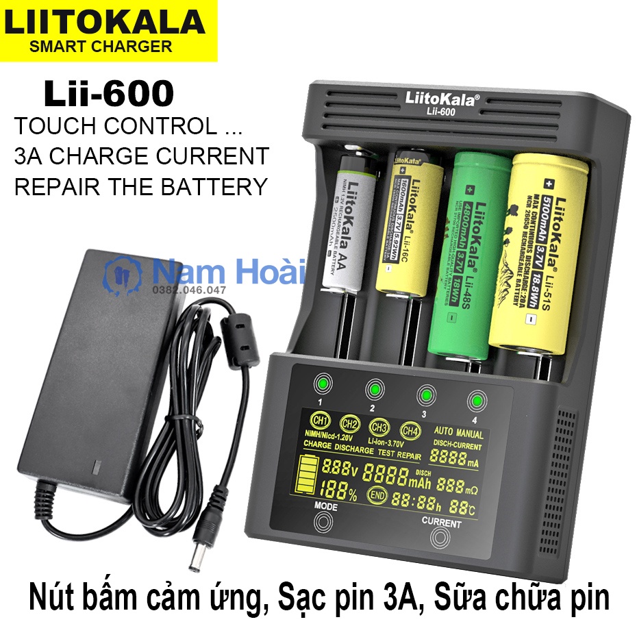 Bộ Sạc Pin Chính Hãng Liitokala Lii-600 Test Dung Lượng, Nội Trở, Mẫu Cao Cấp (Kèm Nguồn Chính Hãng)