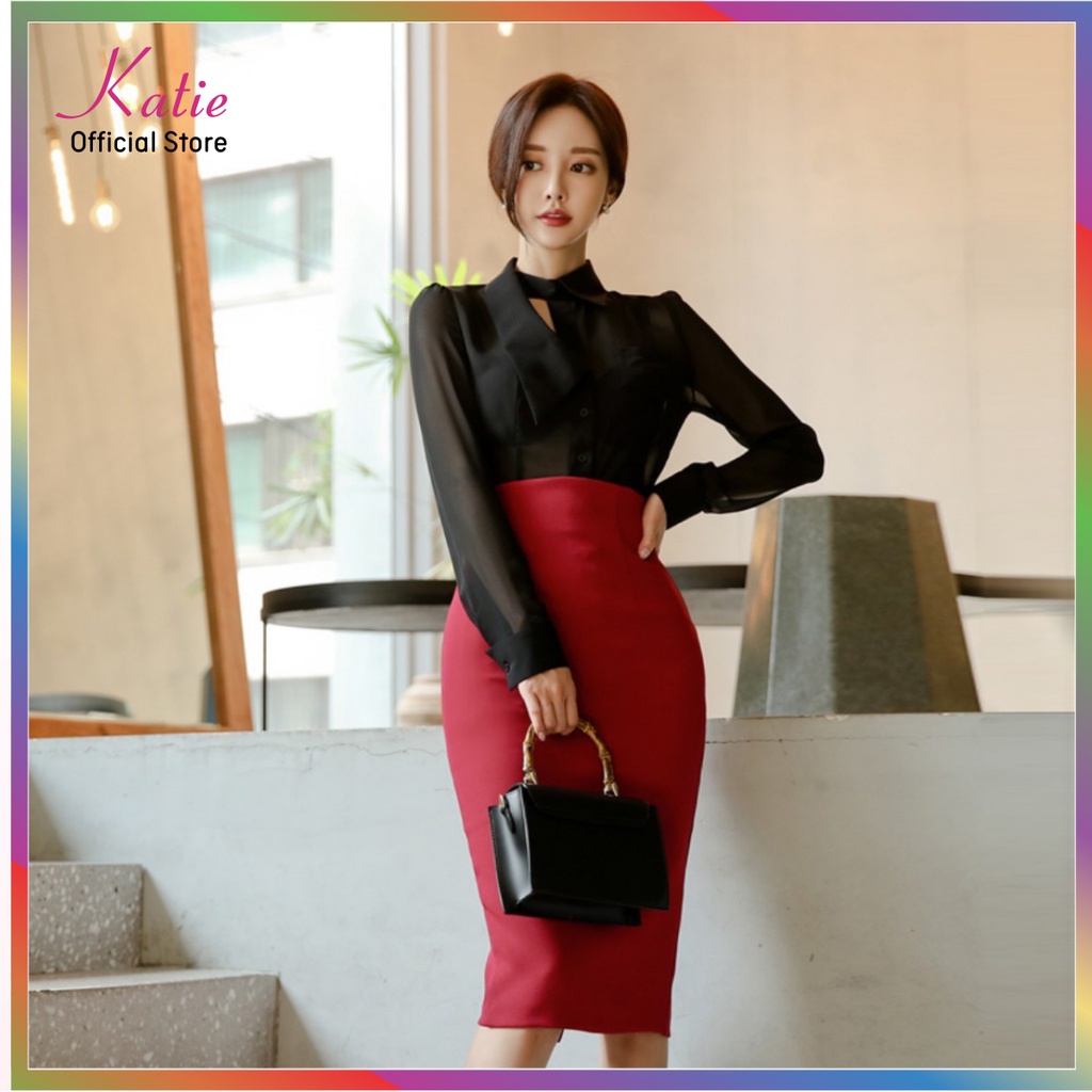 Chân Váy Công Sở Dài Qua Gối Màu Đỏ Đô  63cm Katie Váy Bút Chì BigSize 40 đến 80kg Co Giãn 4 Chiều Không Cần Ủi Cv888