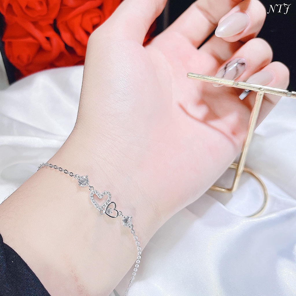 Lắc tay bạc nữ mẫu tim đôi đính đá nhỏ xinh xắn - Kho sỉ bạc Nhất Linh