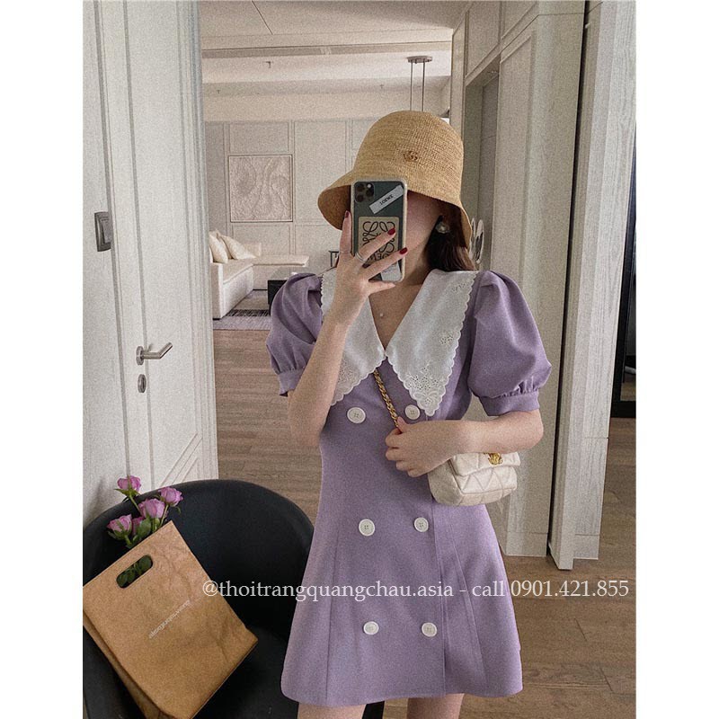 Đầm Tím Pastel Chữ A -Tay Phồng Mã QC85