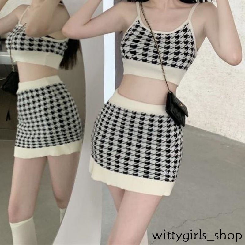 Wittygirls-áo Dệt Kim Ngắn Hai Dây Ôm Dáng Họa Tiết Houndstooth Cho Nữ
