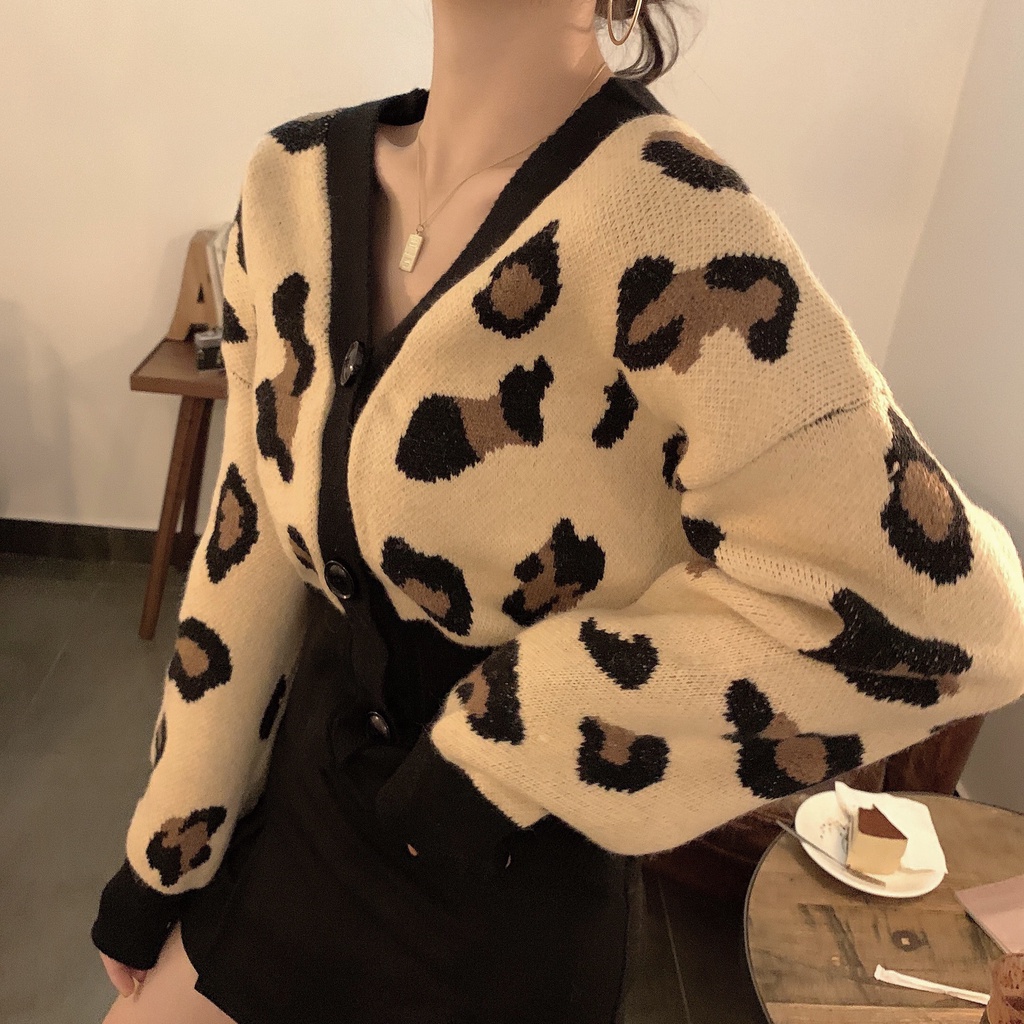 Áo Khoác Cardigan Dệt Kim Tay Dài Dáng Rộng Cổ Chữ V Hoạ Tiết Da Báo Phong Cách Hàn Quốc Dành Cho Nữ