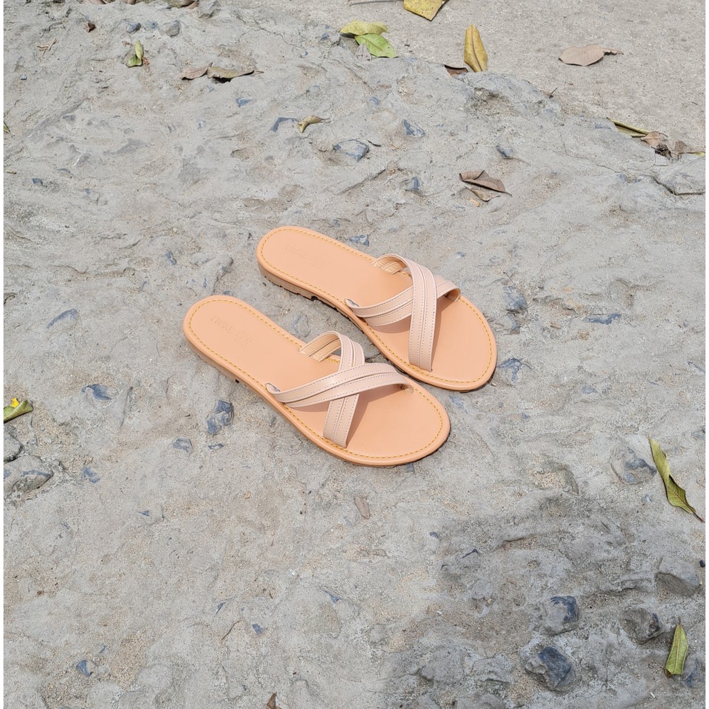 Dép chéo quai mảnh NALLDOS chất liệu da, đế thấp TPR nhẹ chống trượt 3 màu thời trang