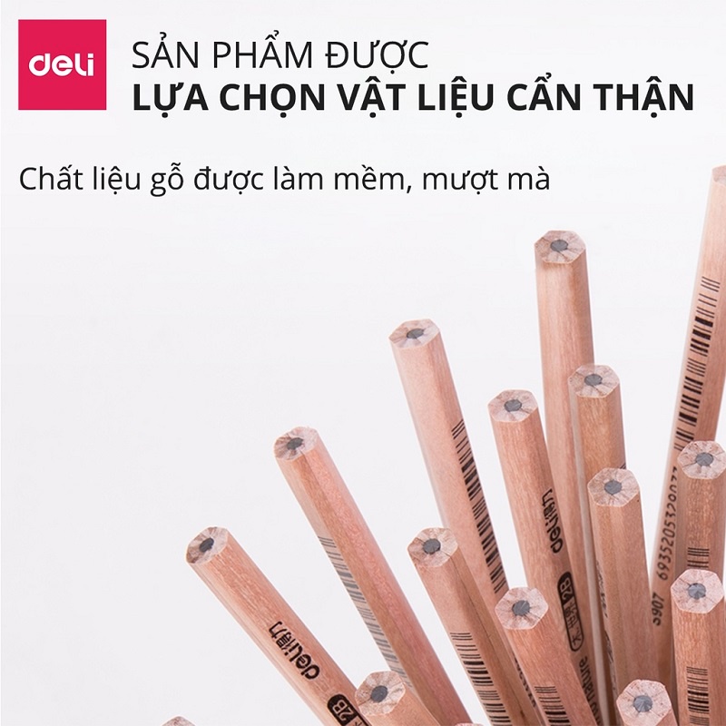 Bút chì lục giác / chì gỗ tam giác Deli S941 - 2B / S943 - HB thân gỗ tự nhiên cho học tập và vẽ mỹ thuật phác thảo