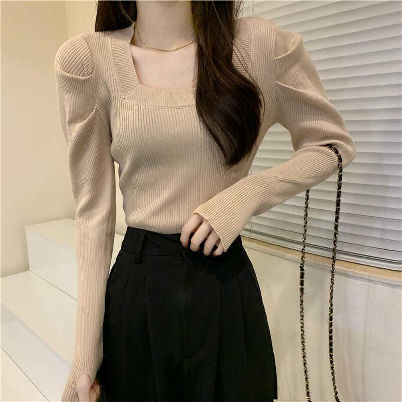 Áo sweater Cổ Vuông Tay Dài Màu Xanh Dương Phong Cách Pháp Thời Trang Mùa Xuân 2022 Mới