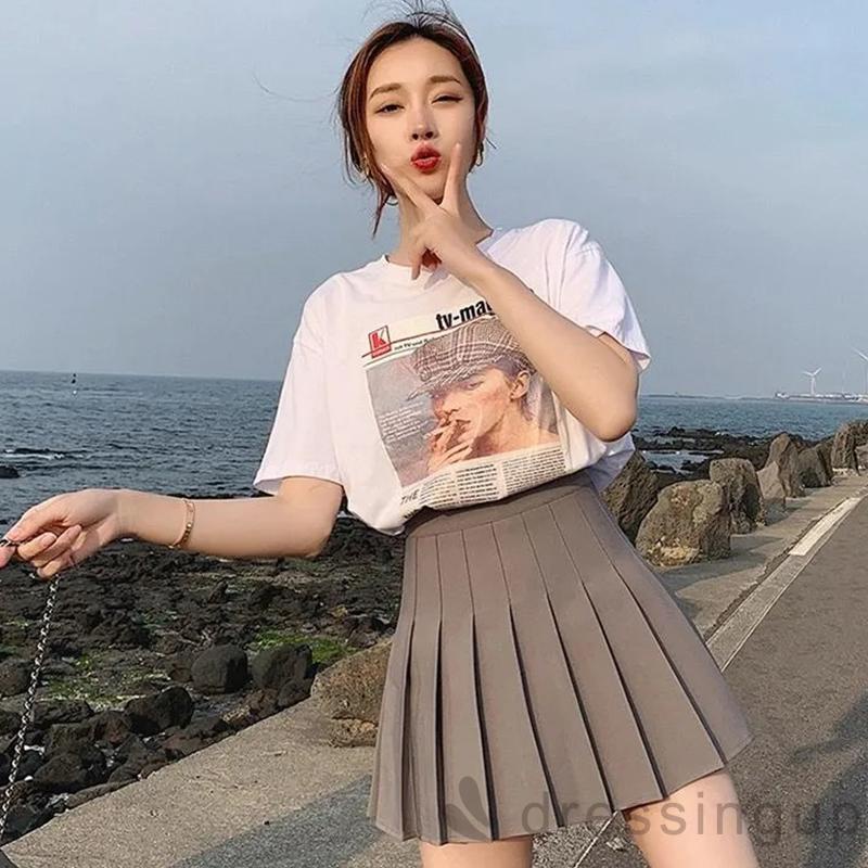 DRE-Women Casual Pleated Skirt, Solid Color Elastic High Waist Skater Skirt, Black/ White/ Grey