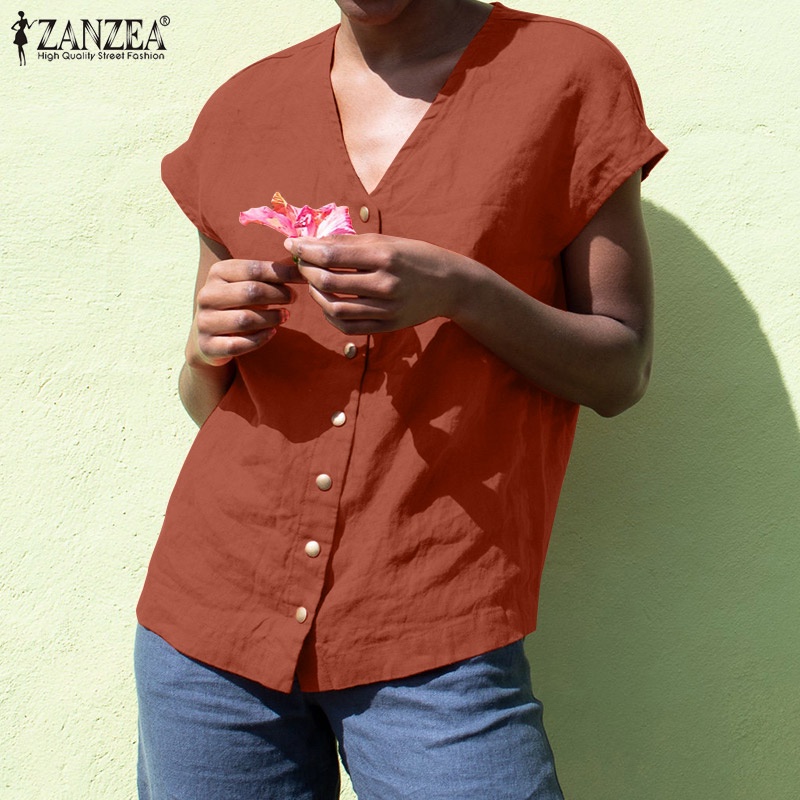 Zanzea Áo liền quần Cotton Ngắn Tay Cổ Chữ V Phong Cách Châu Âu Cho Nữ