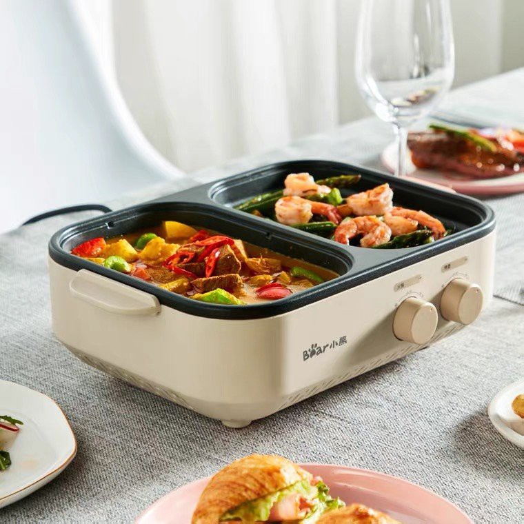 Bếp Lẩu Nướng Điện 2 Ngăn Đa Năng Mini 2 trong 1 Bear DKL-C12D1- Hàng loại 1, thích hợp cho gia đình!