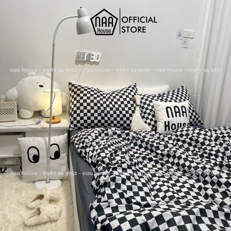 Bộ vỏ chăn ga gối NAA House (mẫu ô checkerboard đen trắng)