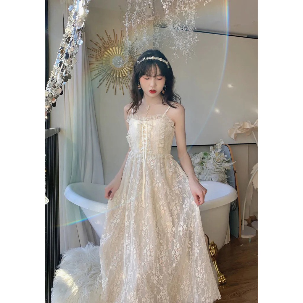 (Có Sẵn) Đầm hoa hai dây tiểu thư dáng dài phối ren ngực  (Kèm ảnh thật) | BigBuy360 - bigbuy360.vn