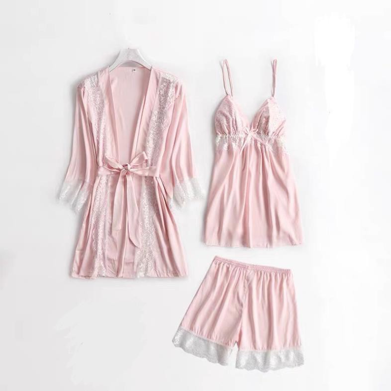 Set ngủ lụa 3 món bộ đùi 2 dây và choàng viền ren