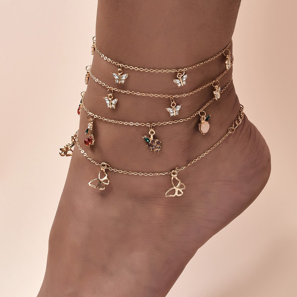 Bộ 4 lắc chân phối bướm/quả anh đào/nho/táo/dâu tây tinh tế phối pha lê làm quà cho nữ tuỳ chọn