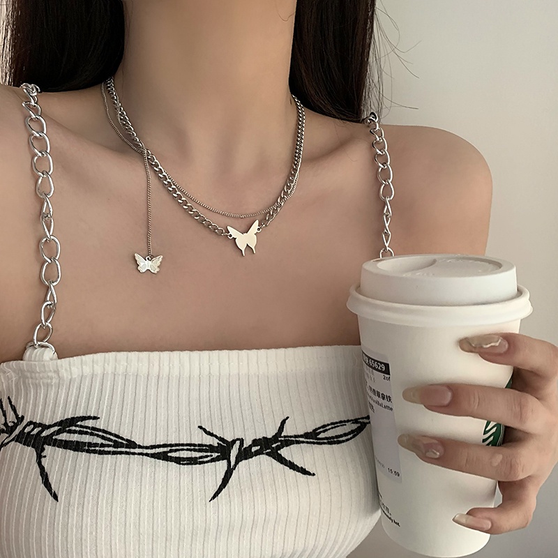 Vòng cổ Hai Lớp Mặt Hình Bướm Phong Cách Hip Hop Thời Trang Hàn Quốc