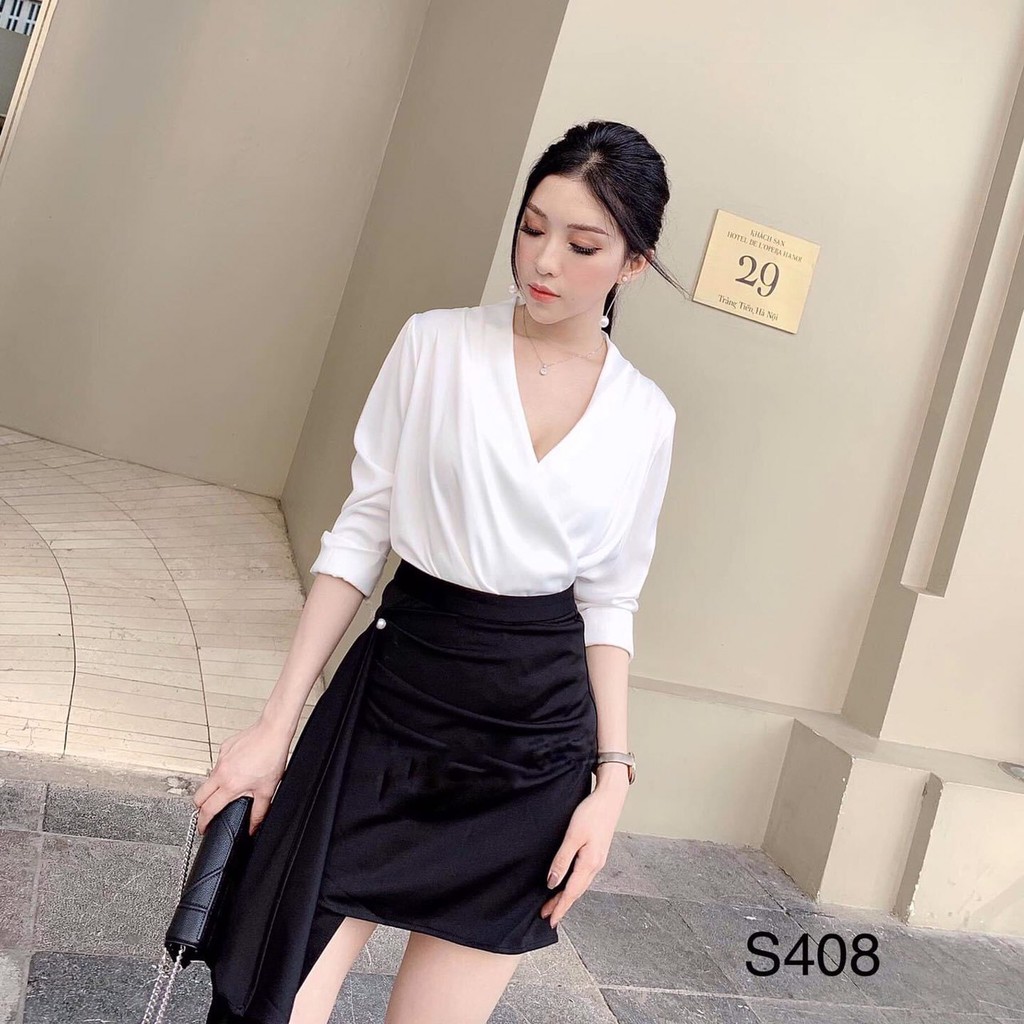 [Siêu Hot] Set Áo Tay Dài Cổ Tim Đắp Chéo mix Chân Váy Đen Xếp Tà Dài 1 Bên S408