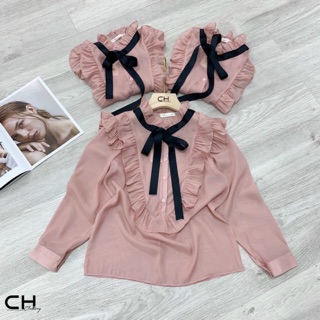 Áo sơ mi tơ hồng cổ đính nơ