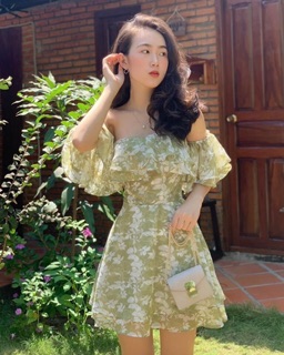 Váy hoa tầng ngực trễ vai ( hình thật )