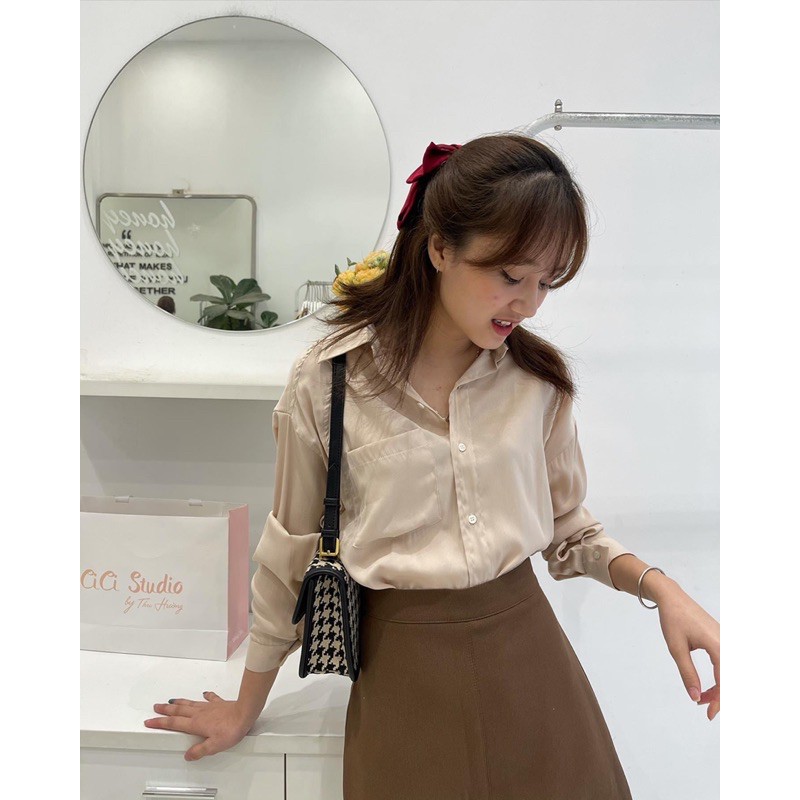 Áo sơ mi nữ trơn vintage chất lụa tăm hàng Quảng Châu bốn màu trắng be xanh mint hồng | BigBuy360 - bigbuy360.vn