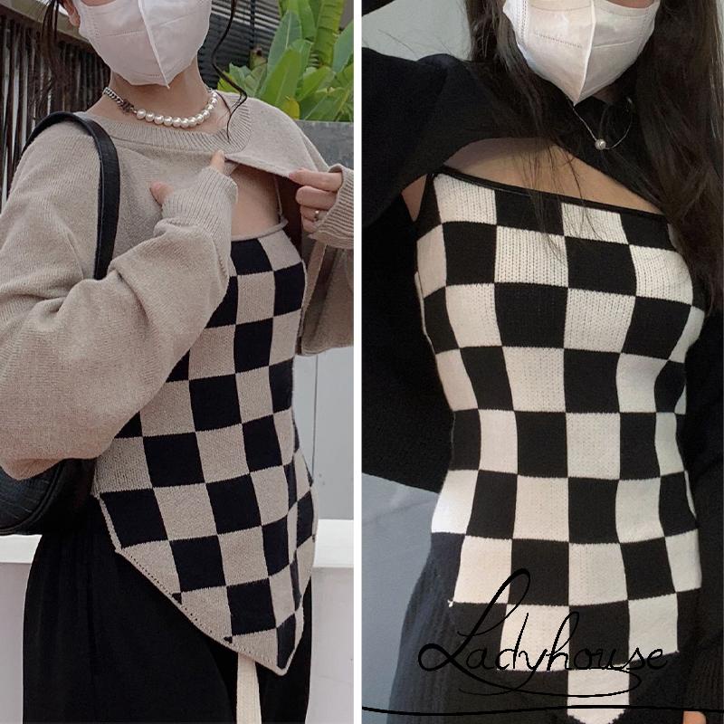 Áo hai dây dài tay họa tiết caro màu sắc đơn giản cho nữ