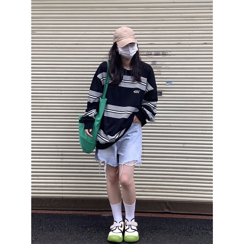Áo sweater nữ form rộng hàn quốc 2021, áo sweater nữ nỉ dài tay sọc ngang đen trắng