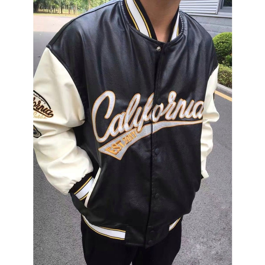 Áo khoác bomber da PU thêu chữ logo bóng chày màu cực độc unisex nam nữ hip hop