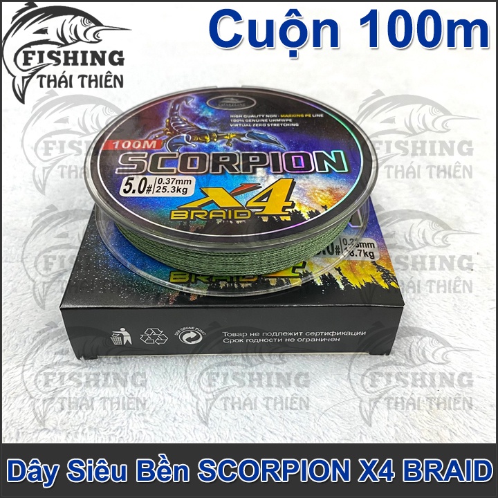 Dây Câu Cá Siêu Bền, Dây Dù Câu Lure, Tóm Lưỡi Câu Scorpion X4 Braid Cuộn 100m