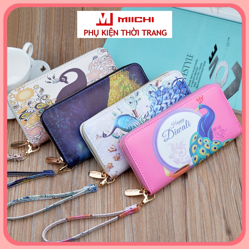 Ví nữ cầm tay dáng dài thiết kế đẹp họa tiết hình con công bắt mắt khóa kéo cao cấp phong cách Hàn Quốc Hottrend VD003