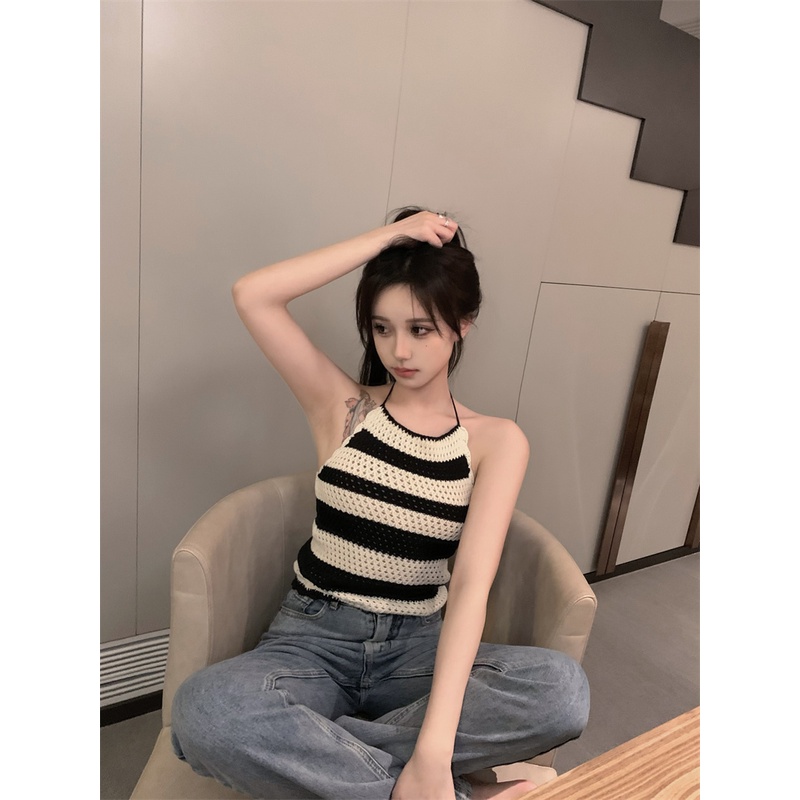 Kumikumi HUANG YOYO Áo Dệt Kim Hai Dây Họa Tiết Kẻ Sọc Thời Trang Mùa Hè Phong Cách Hàn Quốc Cho Nữ