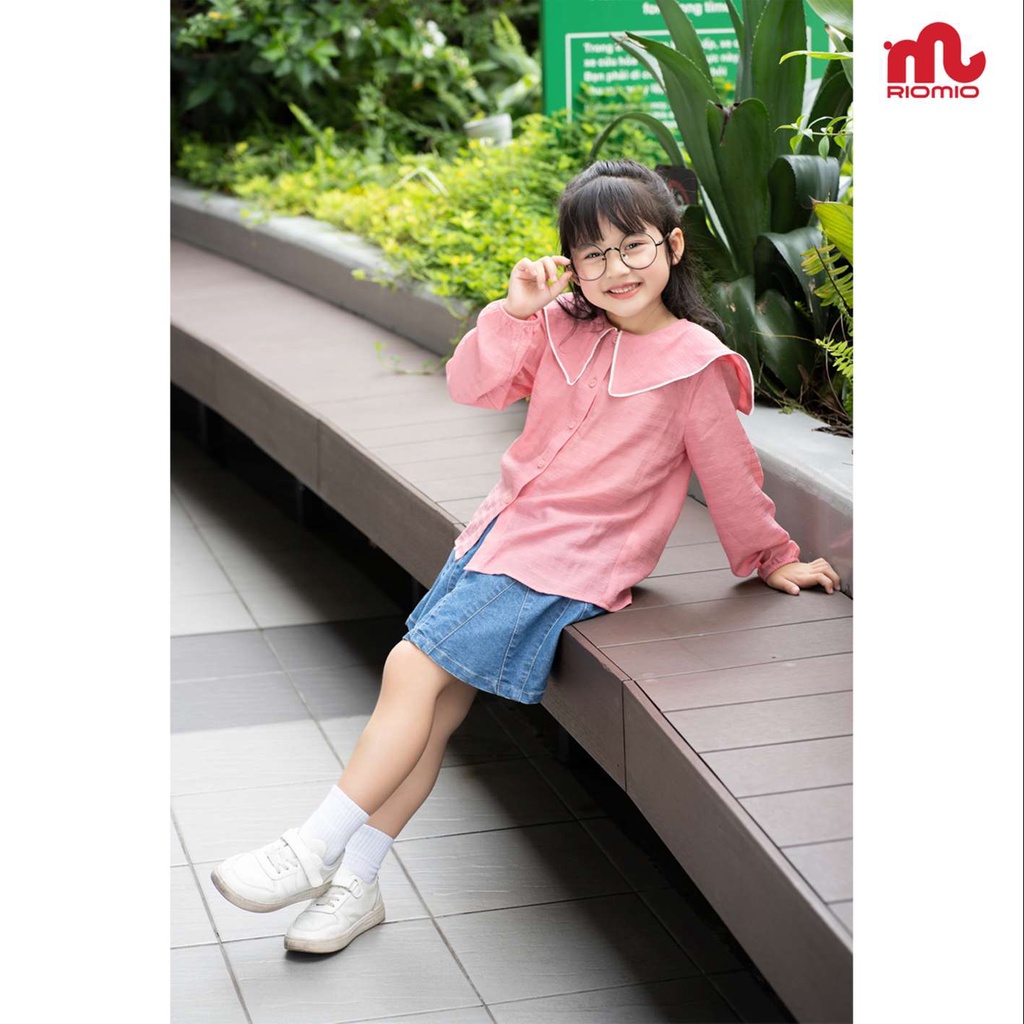 Áo sơ mi cho bé gái 5-12 tuổi size 20-50kg RIOMIO dài tay cổ bèo đồng phục đi học đi chơi chất đũi mềm mát - RA283