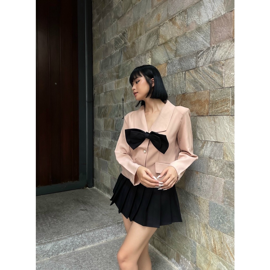 [HÀNG THIẾT KẾ CAO CẤP] Set Áo Sơ Mi Phối Nơ + Chân Váy Xếp Li Đi Học / Đi Chơi Dễ Thương Màu Nude