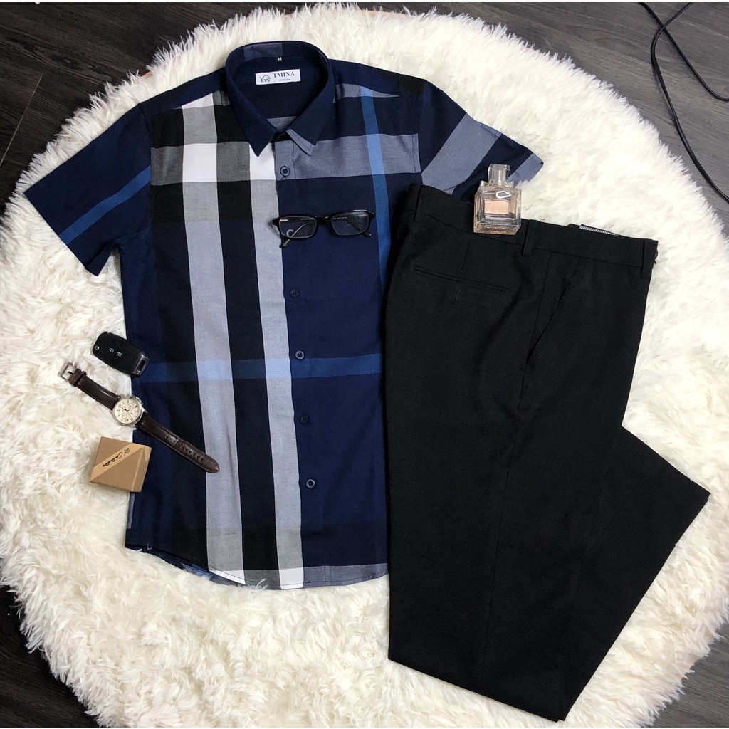 Áo sơ mi nam ngắn tay áo sơ mi BBR họa tiết kẻ to 100% cotton xịn màu tím than