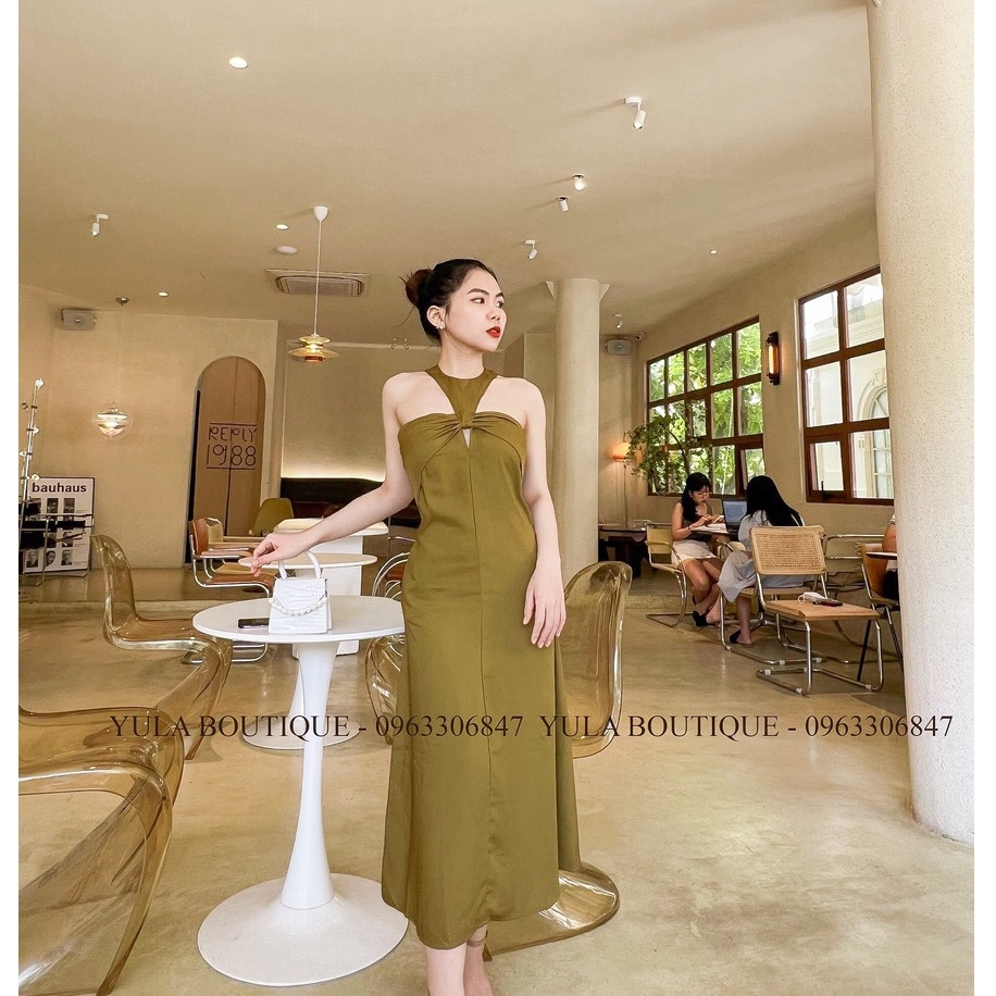 Đầm maxi cổ yếm xanh rêu, váy cổ yếm nơ ngực hàng loại 1 ( ảnh thật)