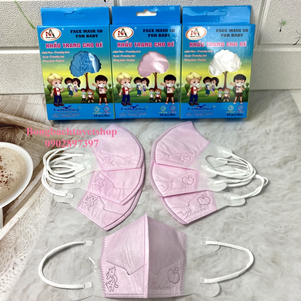 Khẩu trang 5D CHO BÉ FAMAPRO MÀU TRƠN 3 lớp kháng khuẩn hộp 10 cái màu Trắng / Xanh / Hồng