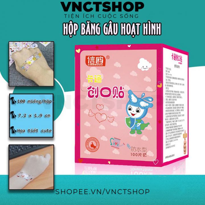 Hộp băng gâu dán băng keo cá nhân hoạt hình cute dễ thương cho bé - 100 miếng