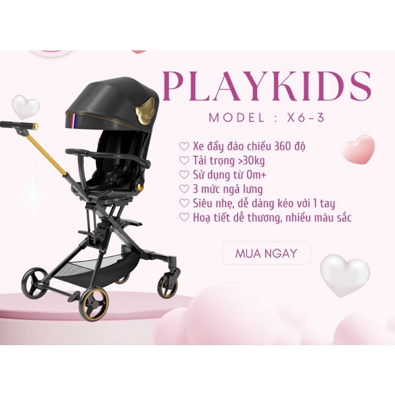 XE ĐẨY CAO CẤP PLAYKIDS X6-3, GẤP GỌN,ĐẢO CHIỀU, CÓ MÁI CHE