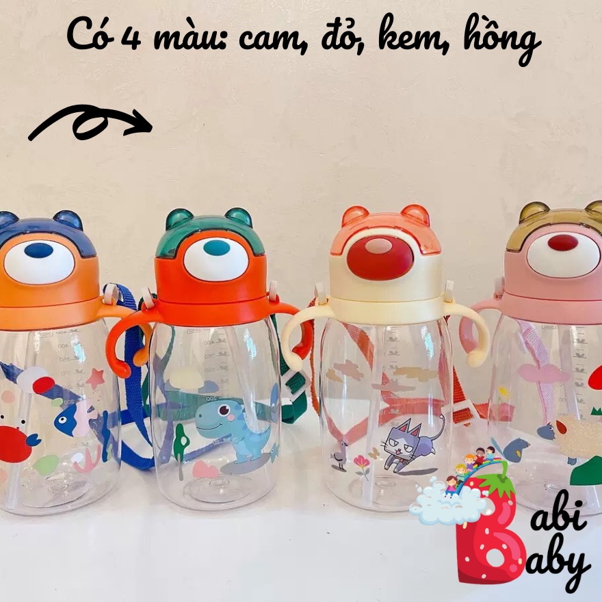 Bình nước học sinh 450ml chịu nhiệt có tay cầm dây đeo tiện dụng an toàn cho bé đi học nhiều hình đáng yêu