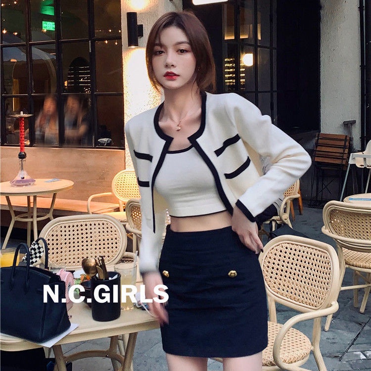COZOK Set áo cardigan dệt kim + áo hai dây màu tương phản