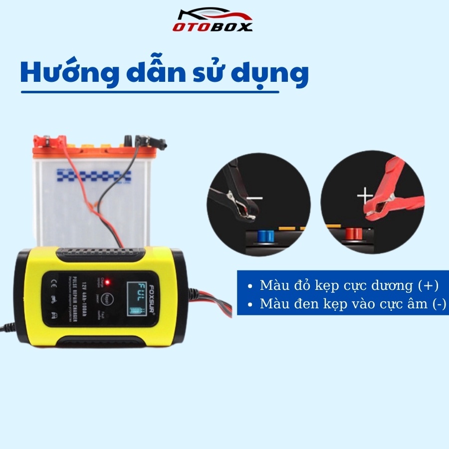 sạc bình ắc quy 12v xe máy ô tô 100ah foxsur tự ngắt khi đầy, máy sạc bình acquy tự động chống ngược cực