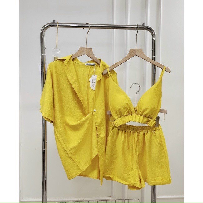 set 3 món áo bra kèm áo sơ mi khoác quần short đùi chất đũi mềm k