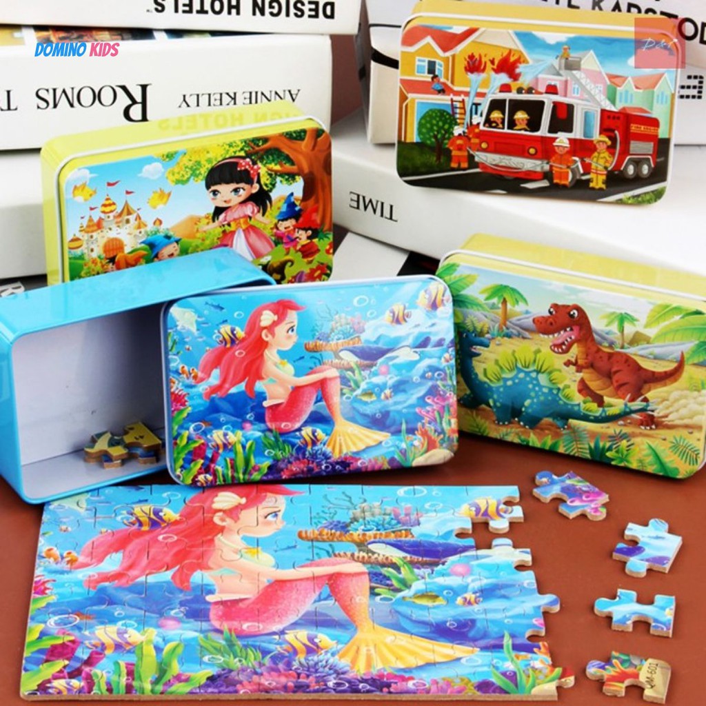 Bộ đồ chơi xếp hình tranh ghép gỗ 60 miếng - Hộp đựng kim loại cho bé trẻ em Dominokids