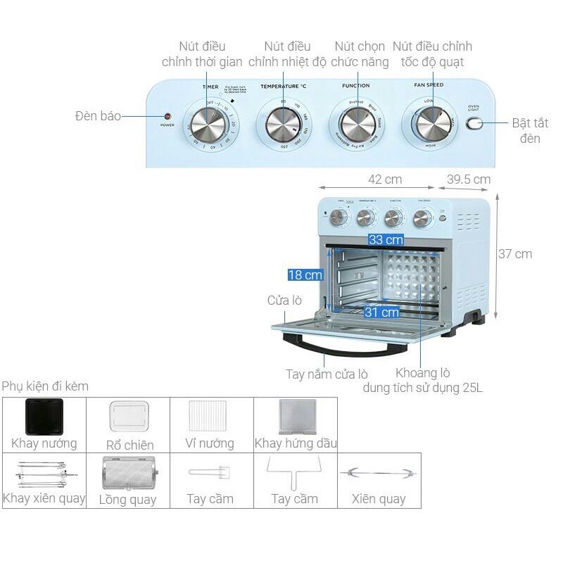 LÒ NƯỚNG KIÊM CHIÊN KHÔNG DẦU 25L UNIE Q37 BẢNG ĐIỀU KHIỂN CƠ SIÊU ĐẸP