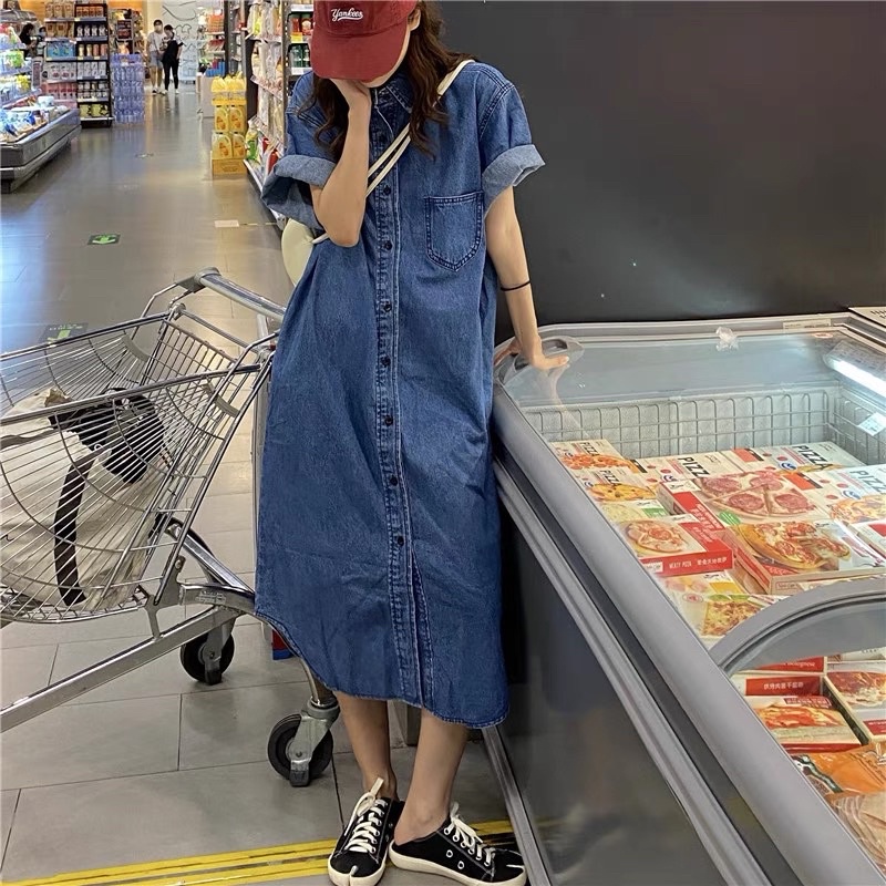 Đầm Denim Bò Ulzzang Style  Váy Jeans Form Rộng Phong Cách Hàn Quốc
