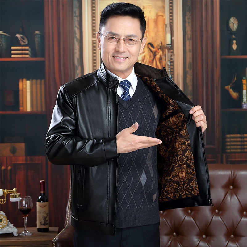 Áo Khoác Da Dáng Rộng Phối Da Lót Lông Cỡ Lớn Thời Trang Cao Cấp Cho Nam Trung Niên