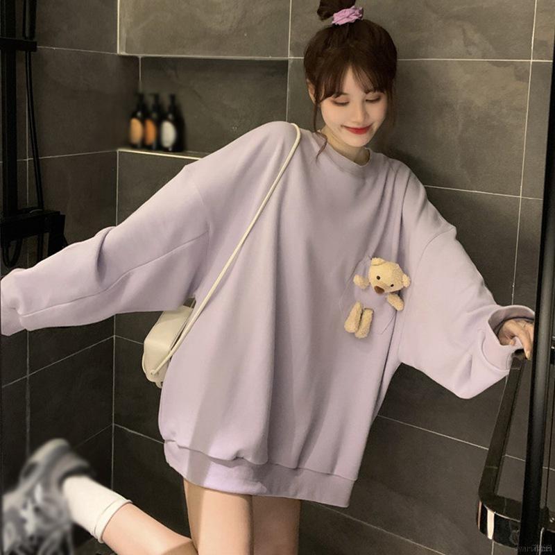 Áo Sweater Nữ Tay Dài Dáng Rộng In Hình Gấu Dễ Thương Phong Cách Hàn Quốc