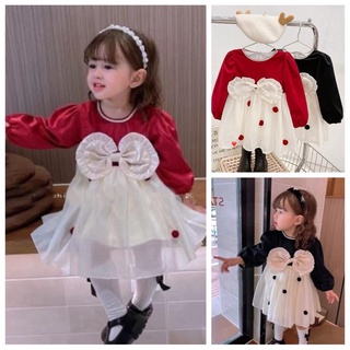 Váy nhung phối voan chấm bi dáng babydoll thắt nơ xinh xắn cho bé gái 7- 18kg