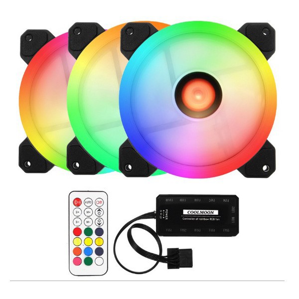 [Xả kho]  Bộ 5 Fan led tải nhiệt coolmoon RGB và dual ring cho máy tính tặng remotđiều khiền